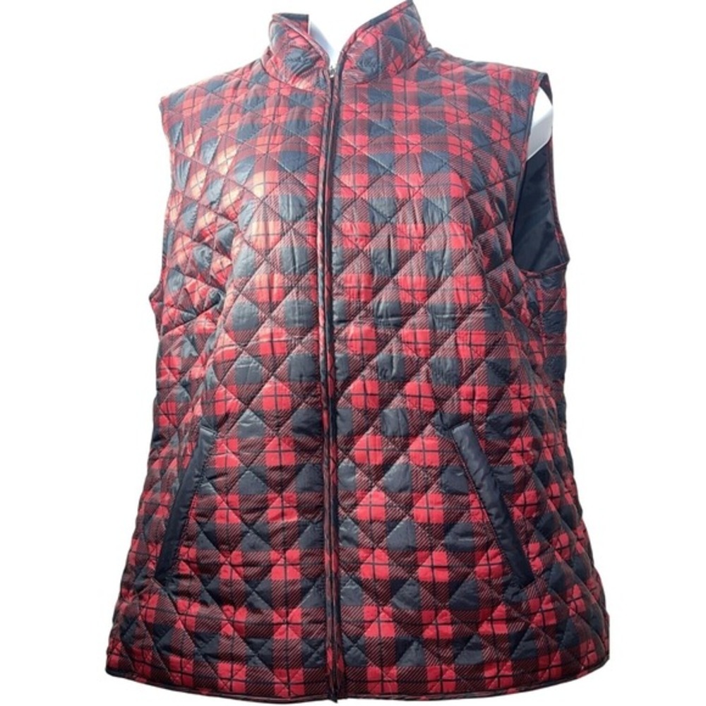 Karen Scott Sport Womens Red Black‎ Buffalo Plaid Quilted Vest L lumberjack